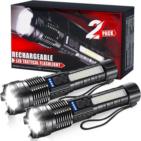 2 Pack LED Rechargeable Flashlights, 90,000 High Lumens Super Bright Flash Light, 7 Modes with COB Light, IPX6 Waterproof, Adjustable Focus Tactical Flashlights for Home Camping and Emergencies in Kuwait