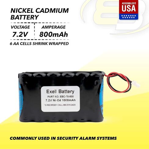 Exell Battery 7.2V 1000mAh NiCD Back-Up Battery for Security Alarm Systems Walynx-RCHBSC, RCHB-SC,C8-B33, MS104, EBC-70, EBC-70-800 in Saudi Arabia