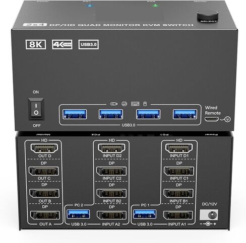 1 كمبيوتر جديد KVM Switch 4 مراقبين 2 كمبيوتر ، USB 3.0 HDMI+DisplayPort أربعة شاشة KVM ل 2 PC Share 4USB 4USB in Saudi Arabia