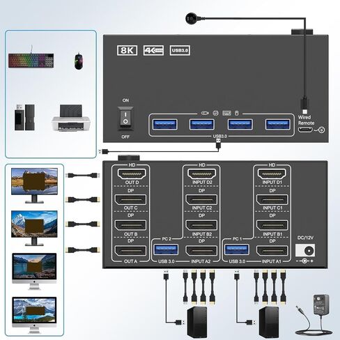 1 كمبيوتر جديد KVM Switch 4 مراقبين 2 كمبيوتر ، USB 3.0 HDMI+DisplayPort أربعة شاشة KVM ل 2 PC Share 4USB 4USB in Saudi Arabia