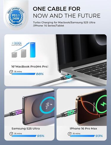 MAGIC JOHN 240W Fast Charging Cable, 6.6FT Soft Silicone USB C to USB C Cable, USBC for Switch 2 iPhone 16 Pro Max Charger Cord, MacBook Pro/Air, iPad Pro/Air, Samsung S25/S24/23, Black in Kuwait