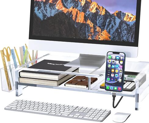 جهاز مراقبة الأكريليك 2 طبقة ، Rocfinity Clear Clear Laptop Stand for Desk مع حامل القلم ، و 20 "W لجميع لوحات المفاتيح ، و ROCRYLIC LAPTOP RISER مع التخزين ، ومراقبة حامل مع حامل الهاتف ، والمنظم المكتبي للمكتب المنزلي ، و PCS-2 Pack in Saudi Arabia