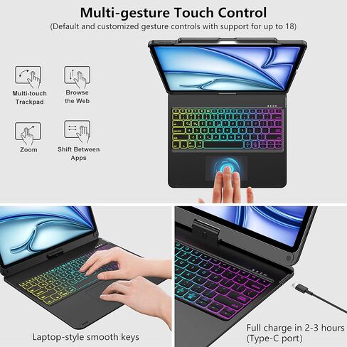 D DINGRICH Touch iPad Pro 12.9 Case with Keyboard 7th/5th Generation, Magic 360°Rotatable & Swivel Bluetooth Keyboard with Trackpad, 7 Backlight Color with Pencil Holder for iPad Pro 12.9" 4th/3rd Gen in Kuwait