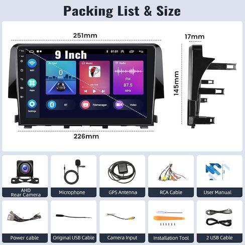 SIXWIN 2G+64G Android Car Stereo for Honda Civic 2016-2020 with Wireless Apple CarPlay Android Auto Mirror Link 9 Inch Touchscreen Honda Carplay Screen with Bluetooth FM GPS Navigation WiFi HiFi SWC in Kuwait