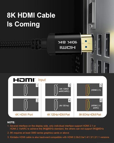 10K 8K 4K HDMI 2.1 Cable, 10 Ft 48Gbps Ultra High Speed HDMI Cable, Support 10K@30Hz 8K@60Hz 4K@120Hz, D-HDR, EARC Dolby Atmos for TV, Projector, Monitor, PS5/4, Xbox, Laptop in Kuwait