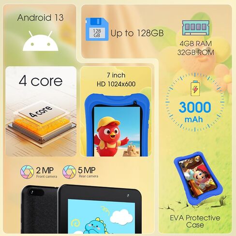 Digiland 7 Inch Kids Tablet ، Android 13 Tablet Tablet with Quad Core ، RAM 4GB+32GB ROM ، 3000MAH ، 2MP+5MP CAMERSS ، أدوات التحكم الوالدية ، مكبرات صوت مزدوجة ، WIFI ، BT 5 مع حالة مقاومة للطفل - Blue in Kuwait