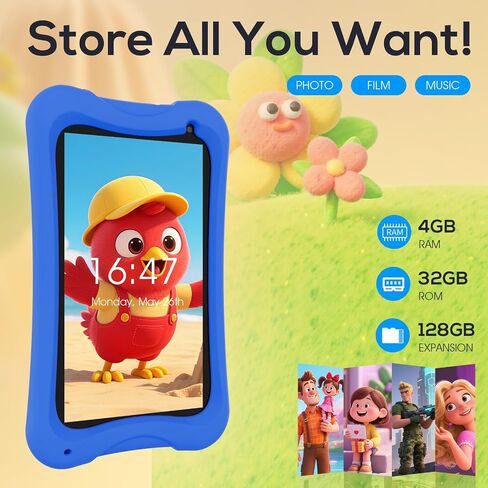 Digiland 7 Inch Kids Tablet ، Android 13 Tablet Tablet with Quad Core ، RAM 4GB+32GB ROM ، 3000MAH ، 2MP+5MP CAMERSS ، أدوات التحكم الوالدية ، مكبرات صوت مزدوجة ، WIFI ، BT 5 مع حالة مقاومة للطفل - Blue in Kuwait