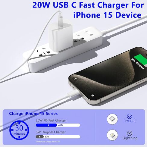 iPhone 16 15 Charger Fast Charging,20W 2Pack USB-C Wall Charger Block with 10ft&6ft Type C to USB C Cable Compatible for iPhone 16/16 Pro/16 Pro Max/16 Plus/15/15 Plus/15 Pro/15 Pro Max in Kuwait