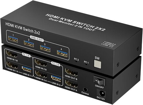TA202A DD 8K HDMI KVM Switch 2x2, Dual Monitor USB 3.0 Switch Box, Black, 2 Input 2 Output, USB Keyboard Mouse Sharing, Multiple PC Control in Saudi Arabia
