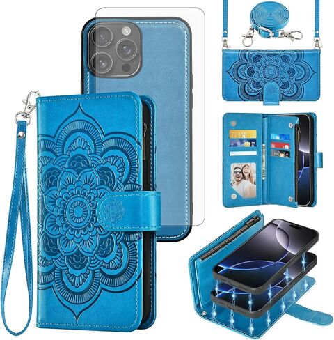 Asuwish Phone Case for iPhone 16 Pro Max 6.9 inch Zipper Wallet Detachable Cell Cover with Tempered Glass Screen Protector Strap Flower Card Holder i Phone16 16Pro i16 ProMax 16ProMax Women Girls Blue in Saudi Arabia