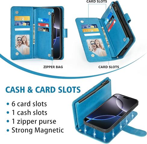 Asuwish Phone Case for iPhone 16 Pro Max 6.9 inch Zipper Wallet Detachable Cell Cover with Tempered Glass Screen Protector Strap Flower Card Holder i Phone16 16Pro i16 ProMax 16ProMax Women Girls Blue in Saudi Arabia