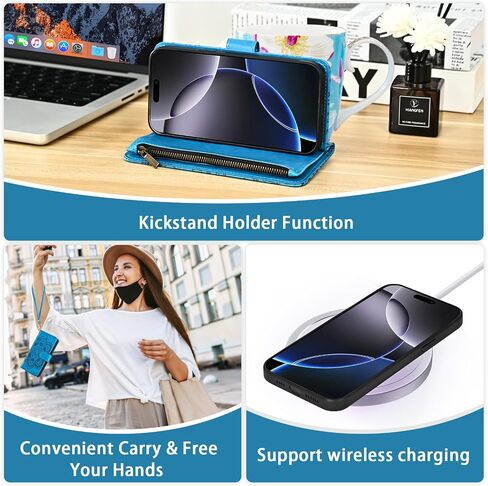 Asuwish Phone Case for iPhone 16 Pro Max 6.9 inch Zipper Wallet Detachable Cell Cover with Tempered Glass Screen Protector Strap Flower Card Holder i Phone16 16Pro i16 ProMax 16ProMax Women Girls Blue in Saudi Arabia