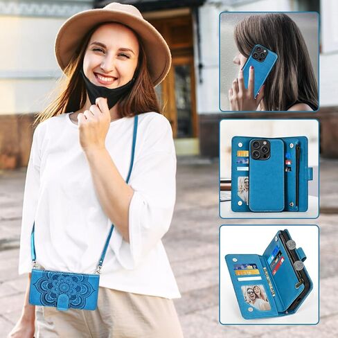 Asuwish Phone Case for iPhone 16 Pro Max 6.9 inch Zipper Wallet Detachable Cell Cover with Tempered Glass Screen Protector Strap Flower Card Holder i Phone16 16Pro i16 ProMax 16ProMax Women Girls Blue in Saudi Arabia