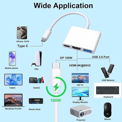 Apple USB C to HDMI Adapter for iPhone 15/16 to TV, 4K@60Hz USB-C Digital AV Multiport Adapter with PD 100W & USB3.1, MFi Certified Type C to HDMI Dongle for iPad Pro, MacBook Air/Pro (Grey) in Saudi Arabia