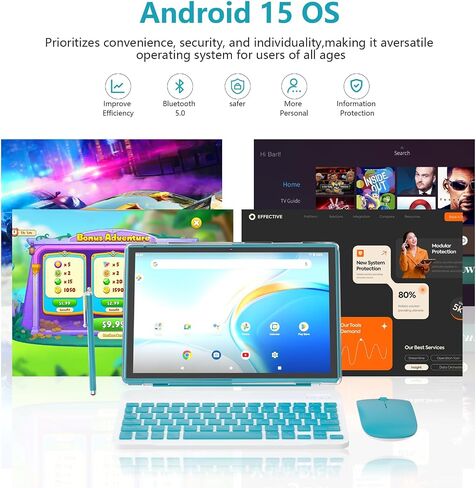 Android 15.0 10Inches Tablet, 18GB RAM+128GB ROM+2TB Expandable, Tab Set with Keyboard/Case/Mouse/Stylus, 2.0GHz Quad-core Processor, 1280 * 800 IPS HDScreen, 5G WiFi6 BT 5.0 (Black) in Saudi Arabia