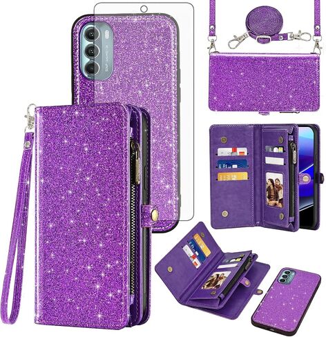 Asuwish Phone Case for Motorola Moto G Stylus 5G 2022 Zipper Wallet Detachable Cell Cover with Tempered Glass Screen Protector Wrist Strap Flip Card Holder Slot XT2215-1 XT2215-4 XT2215DL Women Black in Saudi Arabia