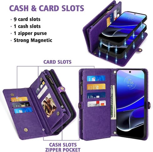 Asuwish Phone Case for Motorola Moto G Stylus 5G 2022 Zipper Wallet Detachable Cell Cover with Tempered Glass Screen Protector Wrist Strap Flip Card Holder Slot XT2215-1 XT2215-4 XT2215DL Women Black in Saudi Arabia