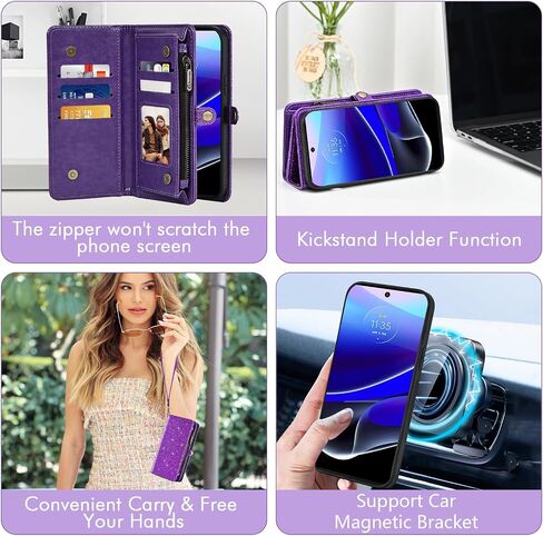 Asuwish Phone Case for Motorola Moto G Stylus 5G 2022 Zipper Wallet Detachable Cell Cover with Tempered Glass Screen Protector Wrist Strap Flip Card Holder Slot XT2215-1 XT2215-4 XT2215DL Women Black in Saudi Arabia