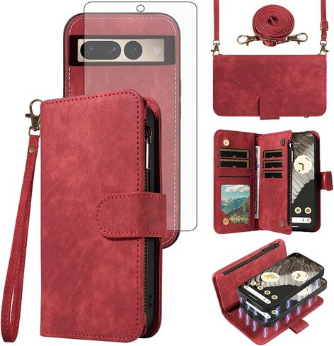 Asuwish Phone Case for Google Pixel 7 Pro 5G Zipper Wallet Detachable Magnetic Cover with Tempered Glass Screen Protector Crossbody Lanyard Card Holder Pixel7Pro Pixel7 XL Seven 7Pro 6.7 Girls Blue in Kuwait
