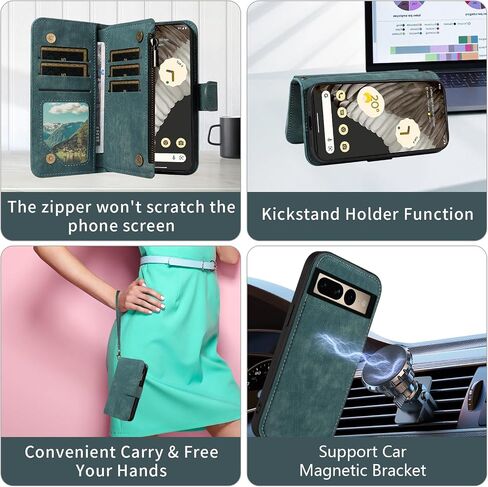 Asuwish Phone Case for Google Pixel 7 Pro 5G Zipper Wallet Detachable Magnetic Cover with Tempered Glass Screen Protector Crossbody Lanyard Card Holder Pixel7Pro Pixel7 XL Seven 7Pro 6.7 Girls Blue in Kuwait