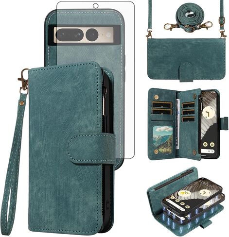 Asuwish Phone Case for Google Pixel 7 Pro 5G Zipper Wallet Detachable Magnetic Cover with Tempered Glass Screen Protector Crossbody Lanyard Card Holder Pixel7Pro Pixel7 XL Seven 7Pro 6.7 Girls Blue in Kuwait