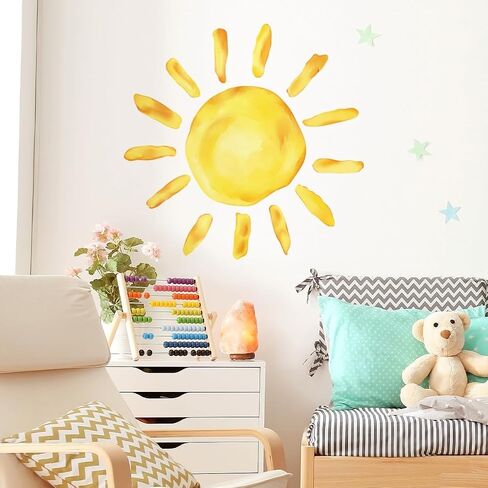 23.23x22.44 Inches Watercolor Boho Sun Wall Decals Yellow Sun Wall Stickers Removable Sunshine Art Decor for Baby Nursery Classroom Playroom Bedroom Kindergarten Wall Decor in Saudi Arabia