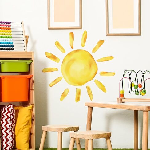 23.23x22.44 Inches Watercolor Boho Sun Wall Decals Yellow Sun Wall Stickers Removable Sunshine Art Decor for Baby Nursery Classroom Playroom Bedroom Kindergarten Wall Decor in Saudi Arabia