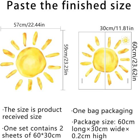 23.23x22.44 Inches Watercolor Boho Sun Wall Decals Yellow Sun Wall Stickers Removable Sunshine Art Decor for Baby Nursery Classroom Playroom Bedroom Kindergarten Wall Decor in Saudi Arabia