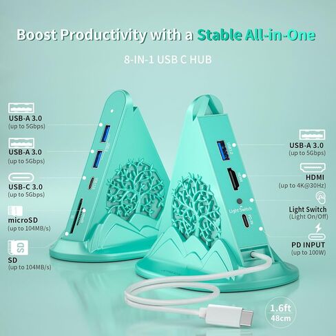 USB C HUB Multiport Adapter with HDMI 4K@30Hz, 100W PD, SD/TF Card Reader, 5Gbps 3xUSB-A and 1xUSB-C 3.0, RGB Tree 8-in-1 USB C HUB, Dock for MacBook Air, iPad, iPhone16, Laptop, etc(Green) in Kuwait