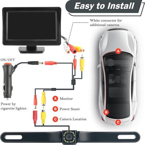 Backup Camera for Car,Plug & Play Car Back up Camera with 90 Degree Wide Angle & Night Vision Design,Power Cord,Multi-Function 12 LED HD Backup Cameras with Monitor Cars Accessories in Saudi Arabia