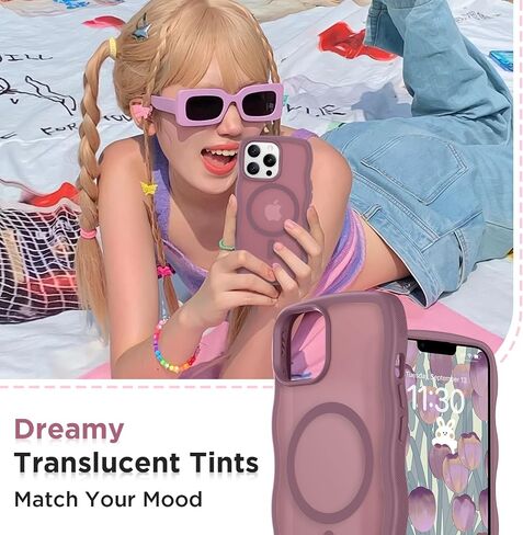 Magnetic for iPhone 13 Case & iPhone 14 Case, Compatible with MagSafe Cute Wave Non-Slip Translucent Matte Easier Grip Shockproof Phone Case for iPhone 13 and iPhone 14, Pink in Saudi Arabia