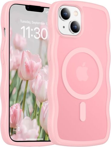 Magnetic for iPhone 13 Case & iPhone 14 Case, Compatible with MagSafe Cute Wave Non-Slip Translucent Matte Easier Grip Shockproof Phone Case for iPhone 13 and iPhone 14, Pink in Saudi Arabia