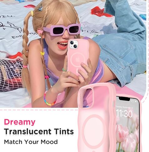 Magnetic for iPhone 13 Case & iPhone 14 Case, Compatible with MagSafe Cute Wave Non-Slip Translucent Matte Easier Grip Shockproof Phone Case for iPhone 13 and iPhone 14, Pink in Saudi Arabia