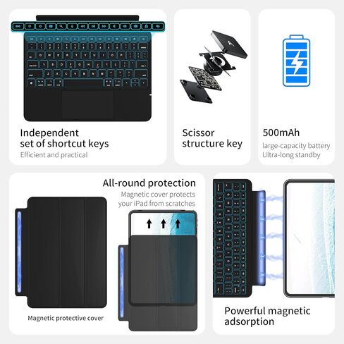 حالة لوحة المفاتيح للجيل العاشر من iPad (10.9 "2022) و iPad 11th (A16 ، 2025) ، لوحة المفاتيح اللاسلكية القابلة للفصل المغناطيسية للجيل العاشر من iPad مع 7 ألوان خلفية ملونة ، لوحة تتبع متعددة اللمس (أسود) in Kuwait