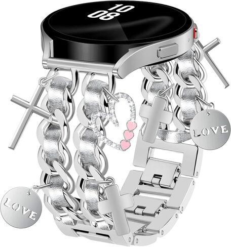 Silver Metal Band with Charms Women 20mm Adjustable Double Chain Watch Strap Compatible with Samsung Galaxy Watch 7/6/5/4/Active 2/4 6 Classic/5 Pro/FE 40mm 42mm 43mm 44mm 45mm 46mm 47mm in Saudi Arabia