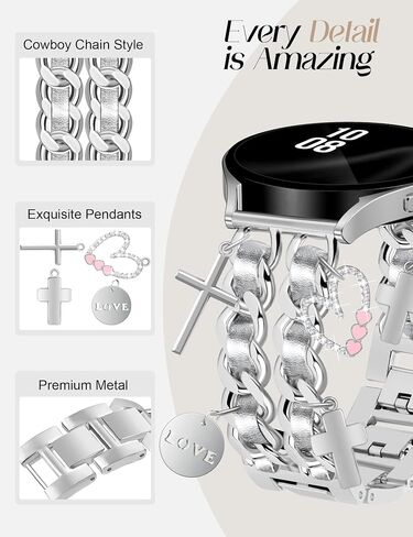 Silver Metal Band with Charms Women 20mm Adjustable Double Chain Watch Strap Compatible with Samsung Galaxy Watch 7/6/5/4/Active 2/4 6 Classic/5 Pro/FE 40mm 42mm 43mm 44mm 45mm 46mm 47mm in Saudi Arabia