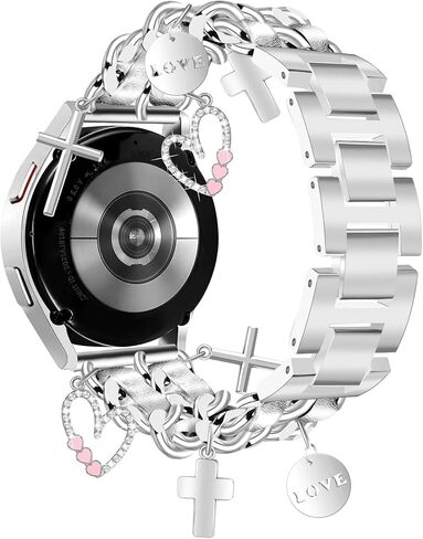 Silver Metal Band with Charms Women 20mm Adjustable Double Chain Watch Strap Compatible with Samsung Galaxy Watch 7/6/5/4/Active 2/4 6 Classic/5 Pro/FE 40mm 42mm 43mm 44mm 45mm 46mm 47mm in Saudi Arabia