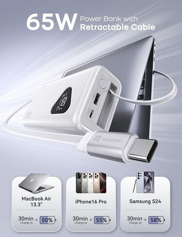 Rorry Laptop Power Bank ، 25000mah 65W محمول محمول شاحن Banta Bank Pant PD Fast Charger مدمجة في كابلات قابلة للسحب ، لسلسلة iPhone 16/15 ، MacBook ، Samsung ، Dell ، XPS ، iPad ، Steam Deck ، White in Saudi Arabia