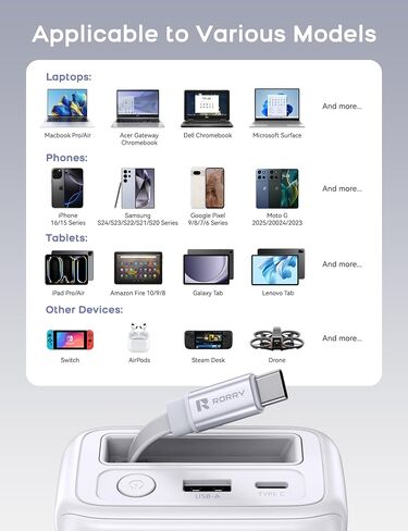 Rorry Laptop Power Bank ، 25000mah 65W محمول محمول شاحن Banta Bank Pant PD Fast Charger مدمجة في كابلات قابلة للسحب ، لسلسلة iPhone 16/15 ، MacBook ، Samsung ، Dell ، XPS ، iPad ، Steam Deck ، White in Saudi Arabia