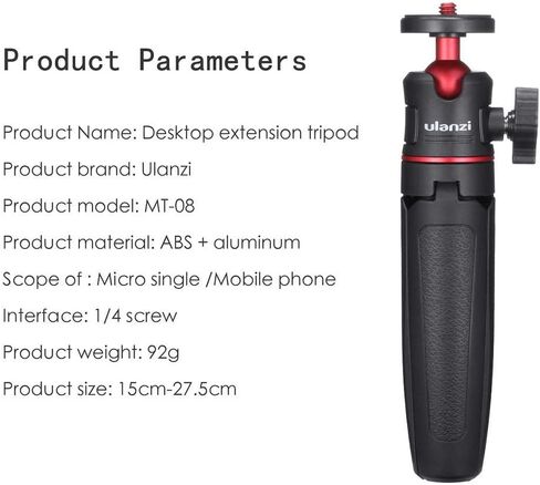 ULANZI MT-08 Extension Rod Tripod Mini Selfie Stick Tripod Stand Handle Grip for iPhone 11 Pro Max Samsung Camera Sony Canon Nikon Vlogging Smartphone Mobile Phone Black/red in Kuwait
