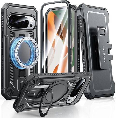 FNTCASE لـ Google Pixel 10-Pro-XL Case: لـ 9 Pro XL Case مع حامل Ring Magnetic Kickstand و Belt-Clip Military Grade Grading Protction Progged Phone Cover 5G-6.8 Inch (Black) in Saudi Arabia
