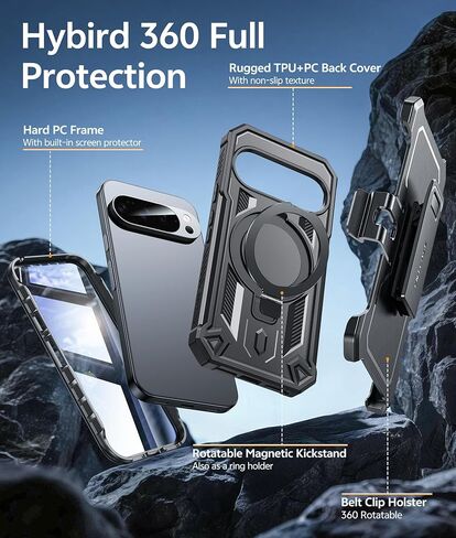 FNTCASE لـ Google Pixel 10-Pro-XL Case: لـ 9 Pro XL Case مع حامل Ring Magnetic Kickstand و Belt-Clip Military Grade Grading Protction Progged Phone Cover 5G-6.8 Inch (Black) in Saudi Arabia