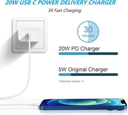 أنا الهاتف 14 13 12 شاحن الشحن السريع 20W PD شاحن الجدار USB C مع 6 قدم شحن USB C إلى Lightning Cable متوافق مع iPhone 14/13/11/11 in Saudi Arabia