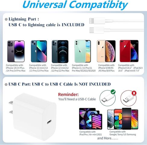 أنا الهاتف 14 13 12 شاحن الشحن السريع 20W PD شاحن الجدار USB C مع 6 قدم شحن USB C إلى Lightning Cable متوافق مع iPhone 14/13/11/11 in Saudi Arabia