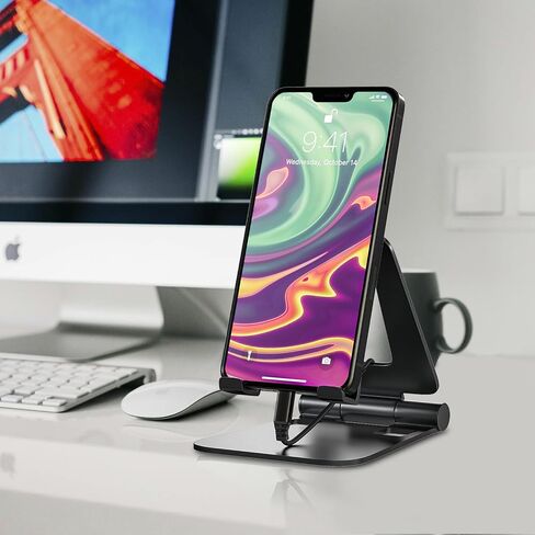 Cell Phone Stand for Desk Phone Holder Foldable Portable Adjustable Cradle Dock Compatible with iPhone 15 14 13 Pro Max, iPhone 12 11 Plus SE XS XR 8 7, Office Desk Travel Accessories, Black in Kuwait