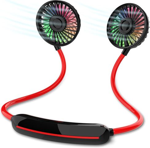 Upgraded Hands Free Portable Neck Fan - Rechargeable Mini USB Personal Fan Battery Operated with 3 Level Air Flow, 7 LED lights for Home Office Travel Indoor Outdoor (NEW- BLACK+RED) in Saudi Arabia