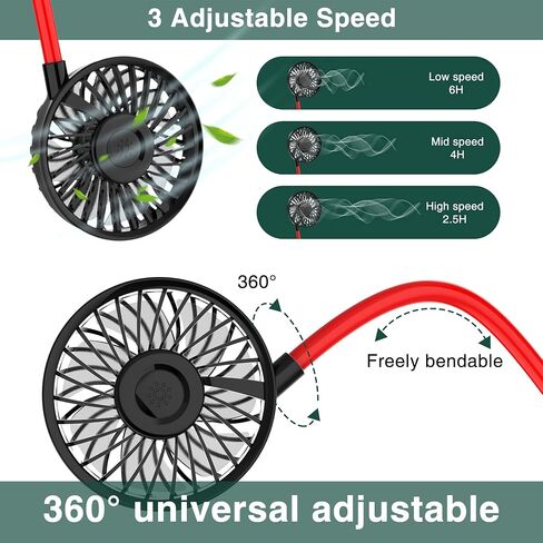 Upgraded Hands Free Portable Neck Fan - Rechargeable Mini USB Personal Fan Battery Operated with 3 Level Air Flow, 7 LED lights for Home Office Travel Indoor Outdoor (NEW- BLACK+RED) in Saudi Arabia