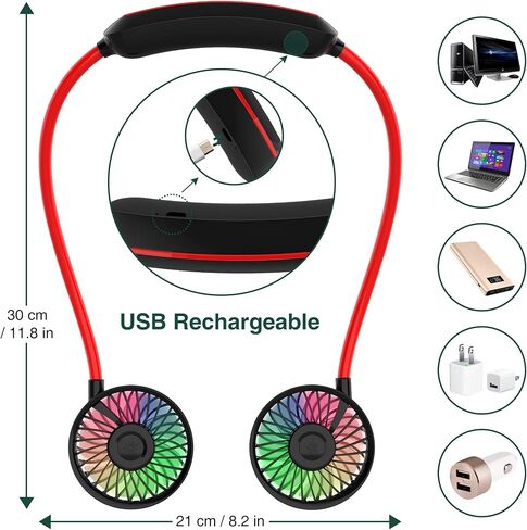 Upgraded Hands Free Portable Neck Fan - Rechargeable Mini USB Personal Fan Battery Operated with 3 Level Air Flow, 7 LED lights for Home Office Travel Indoor Outdoor (NEW- BLACK+RED) in Saudi Arabia