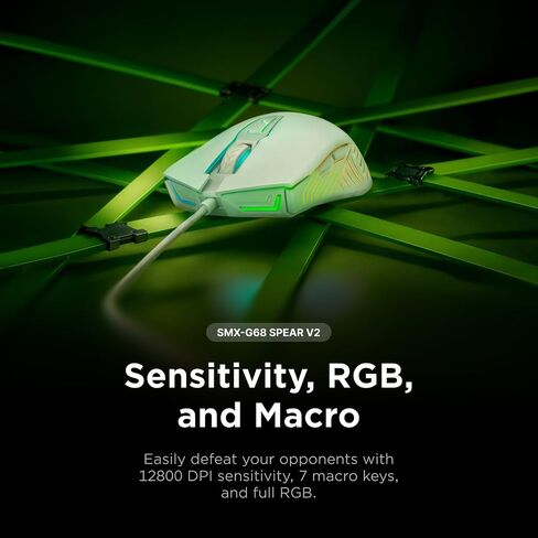 Rampage Spear V2 White Wired Gaming Mouse with RGB Lighting – 12800 DPI, 7 Programmable Buttons, Lightweight Ergonomic Gaming Mouse for PC/Mac/Laptop Gamers in Kuwait