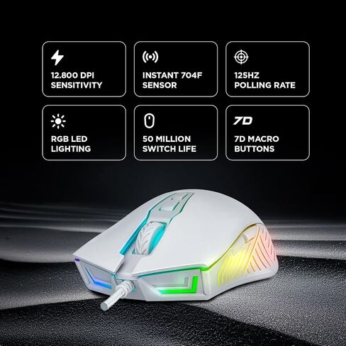 Rampage Spear V2 White Wired Gaming Mouse with RGB Lighting – 12800 DPI, 7 Programmable Buttons, Lightweight Ergonomic Gaming Mouse for PC/Mac/Laptop Gamers in Kuwait